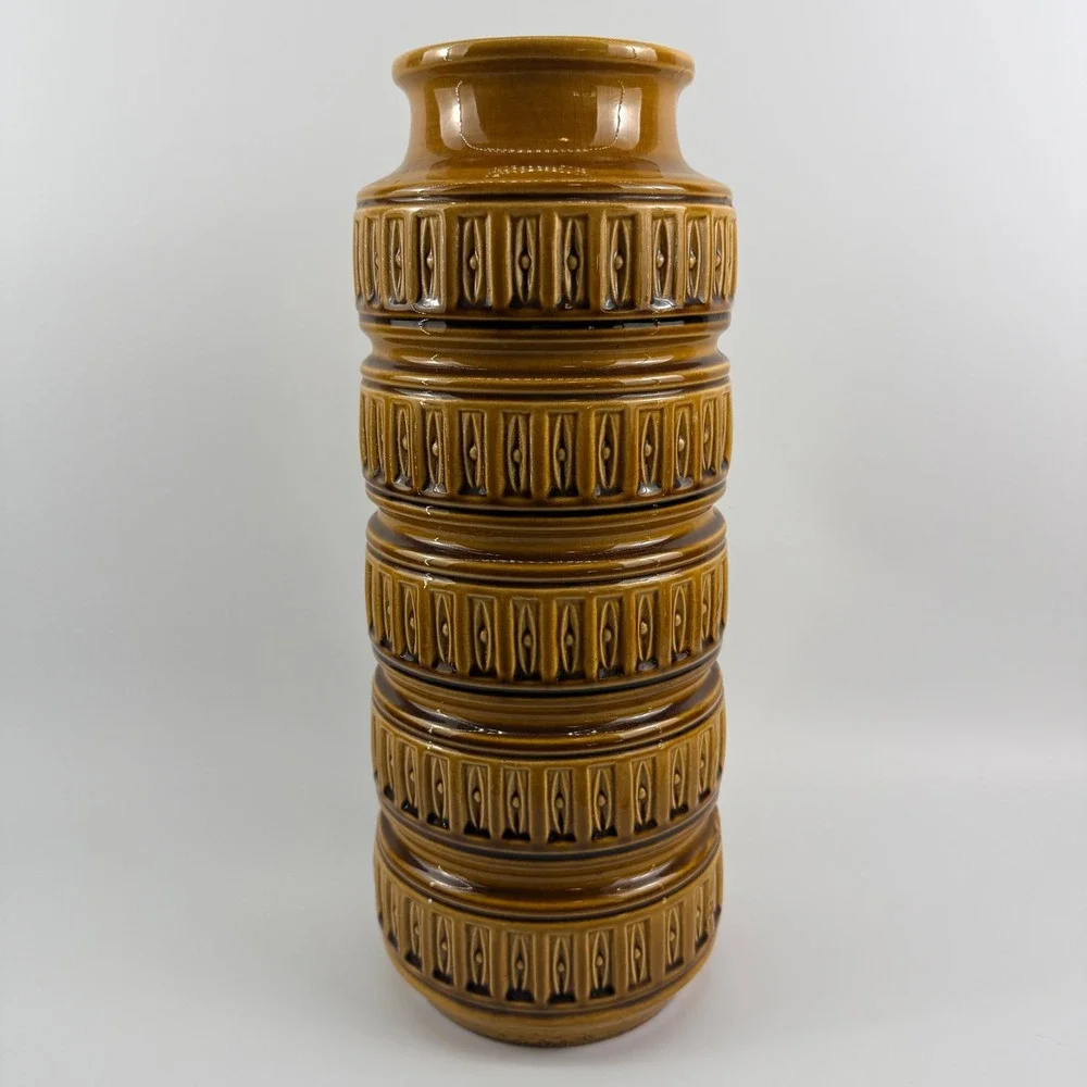 Scheurich‎ West Germany Pottery WGP Mustard Gold Totem Cylinder Floor Vase 16